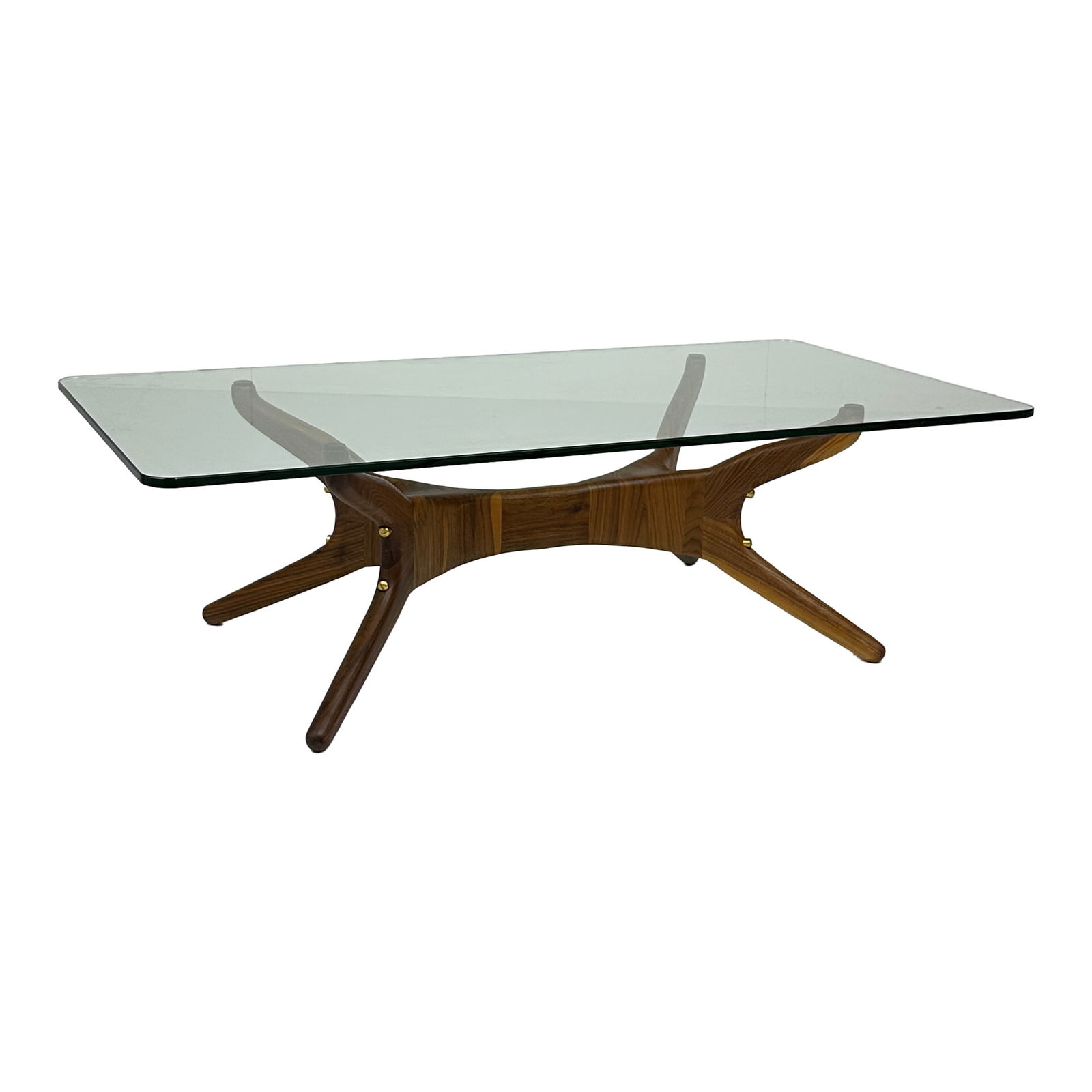Modern Sculpted Walnut & Glass Coffee Table: Maker: Organic Modernism Title: Modern Sculpted Walnut & Glass Coffee Table Material: Walnut Style: Mid-Century Modern, Contemporary Design Description: A visually captivating coffee table featuring