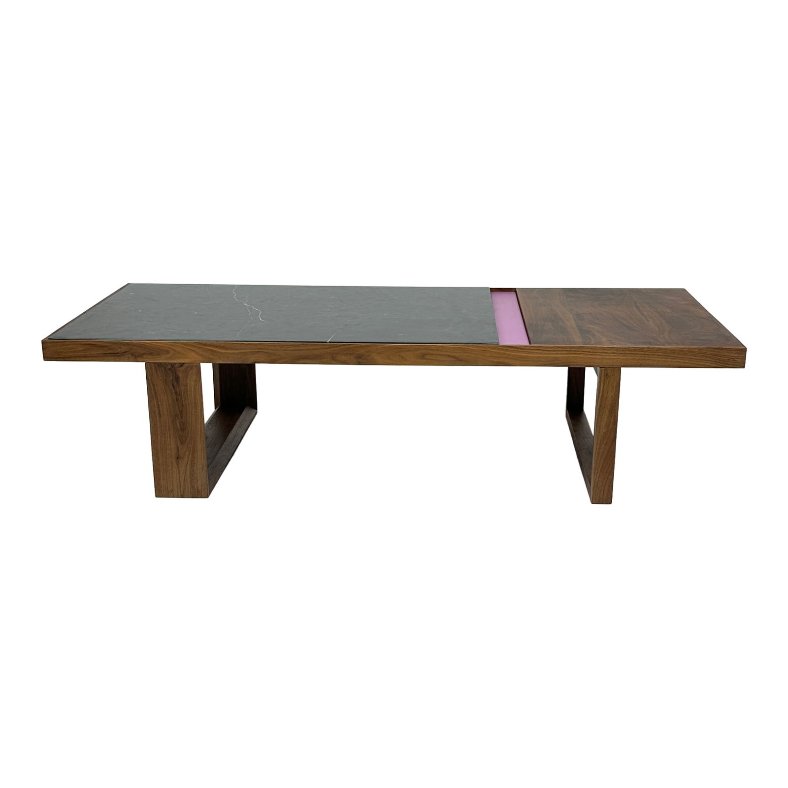 Contemporary Walnut Coffee Table with Marble & Color Accent: Maker: Organic Modernism Title: Contemporary Walnut Coffee Table with Marble & Color Accent Material: Walnut Style: Mid-Century Modern, Contemporary Design Description: A low-profile coffee table fea