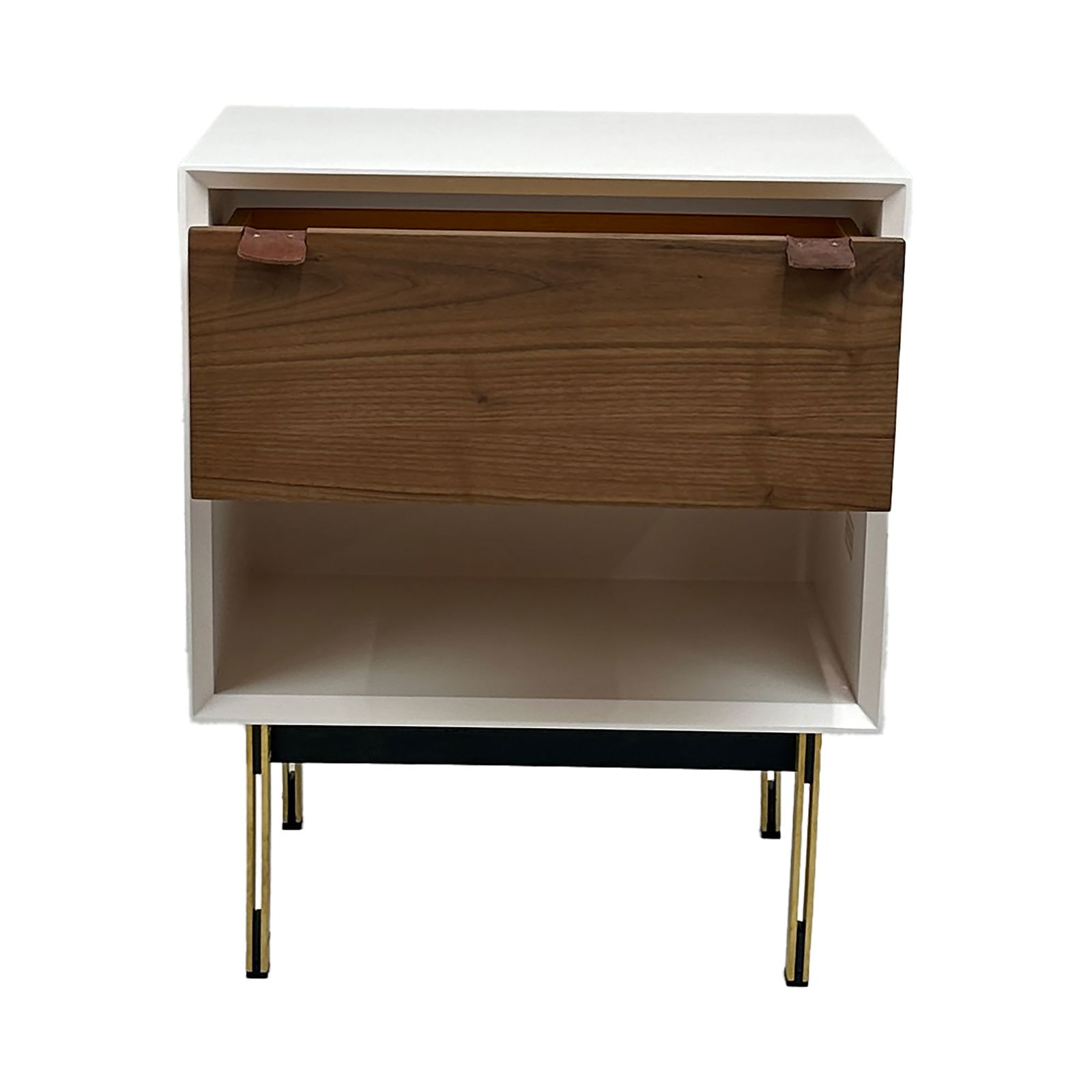 Mid-Century Nightstand with Drawer and Open Shelf: Maker: Organic Modernism Title: Mid-Century Nightstand with Drawer and Open Shelf Style: Mid-Century Modern, Contemporary Design Description: A modern nightstand or bedside table that blends form and