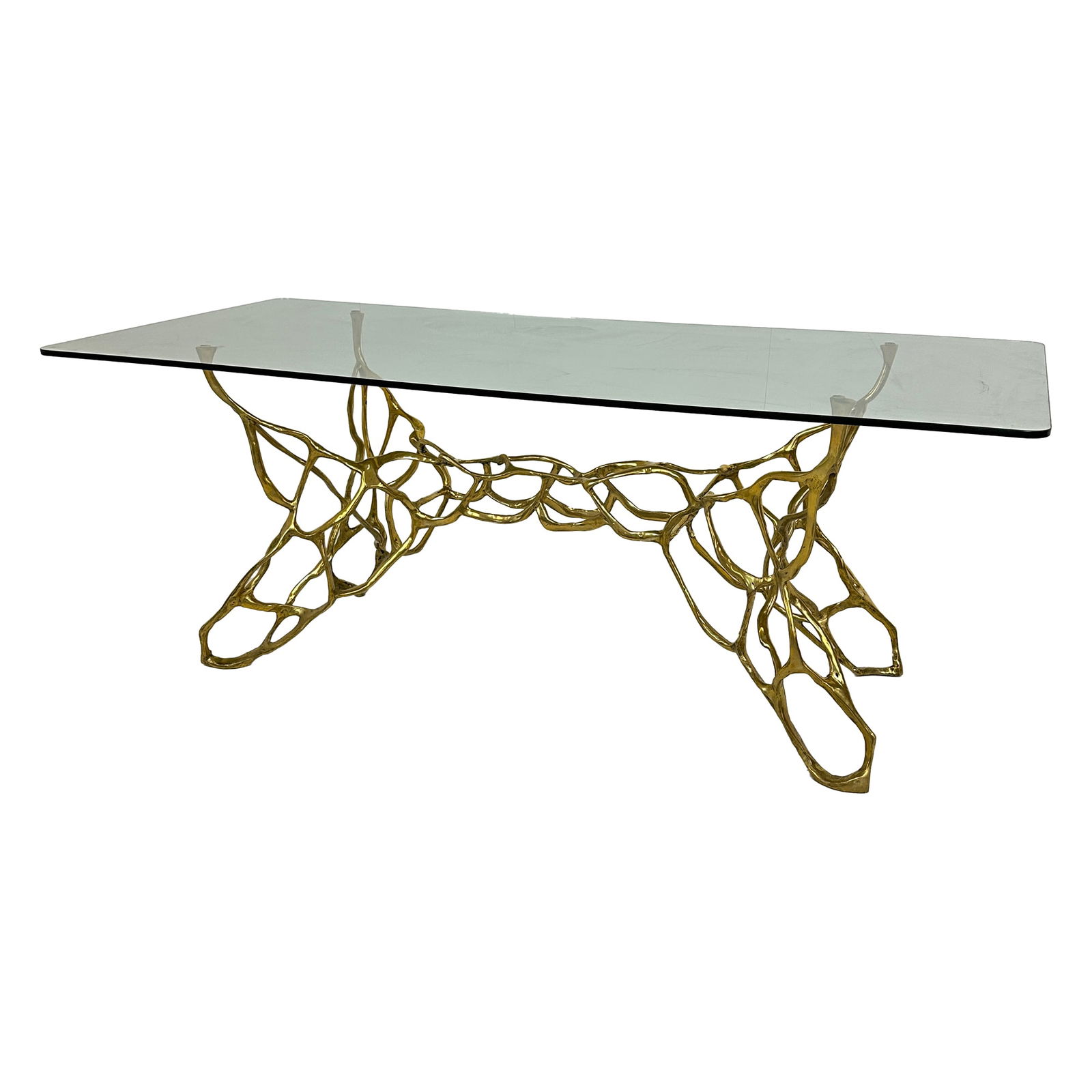 Web Brass Bass Dining Table W/ Glass Top: Maker: Organic Modernism Title: Web Brass Bass Dining Table W/ Glass Top Material: Brass Style: Mid-Century Modern, Contemporary Design Description: The Web Brass Bass Dining Table W/ Glass Top featu