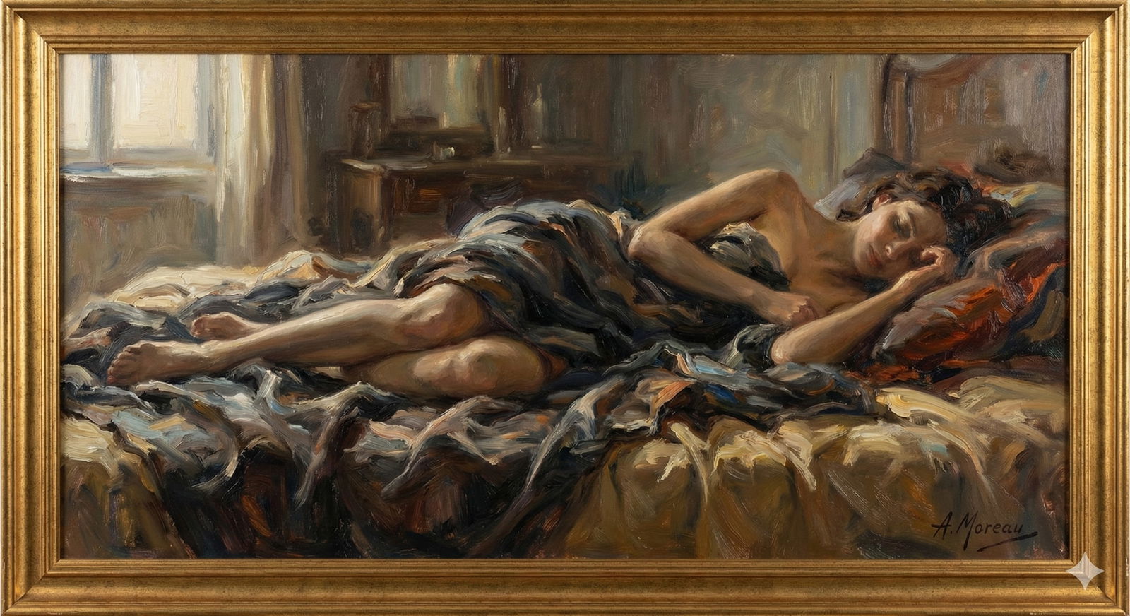 Valentin Ukrainets (Ukraine,b 1965) oil painting: ARTIST: Valentin Ukrainets (Ukrainian, born 1965)TITLE: Nudes - Man and Woman (titled on verso)MEDIUM: oil on canvasCONDITION: Unstretched (In-House stretching available). Very good. No visible inpain