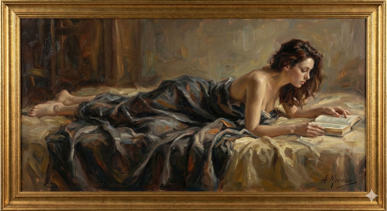 Women in bed oil painting: TITLE: Nudes - Man and Woman (titled on verso)MEDIUM: oil on canvasCONDITION: Unstretched (In-House stretching available). Very good. No visible inpaint under UV light.