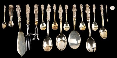 Chinese Export Figural Silver Flatware Set 228 pcs: Exceptional Antique Chinese multi-motif .900 Silver flatware set, 228 pieces, service for 12, in fitted canteen drawers. This unusual service, dating from the late 19th to early 20th century