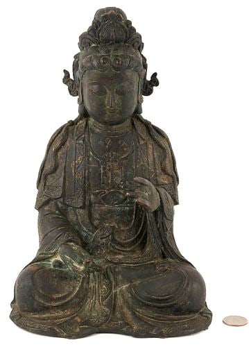 Chinese 17th C. Bronze Buddhist Figure: Chinese bronze Buddhist figure depicting Guanyin, the bodhisattva of compassion, seated in a meditative posture. 11 in. H x 7 3/4 in. W. 17th century. Additional high-resolution photos and a