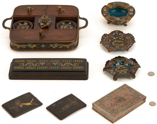 Chinese Smoking and Gaming Items plus 3 Card Cases: 1st item: Chinese cloisonne and hardwood cigar and cigarette smoking set with rounded corners, the sides inset with cloisonne enameled dragon decoration, having fitted compartments for cigars and ciga