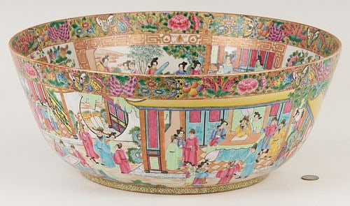 Large 19th C. Chinese Rose Mandarin Punch Bowl, 18" Dia.: A substantial Chinese Export Rose Mandarin punch bowl, polychrome and parcel gilt decoration throughout, the interior with four cartouches, depicting various figures engaging in activities in an