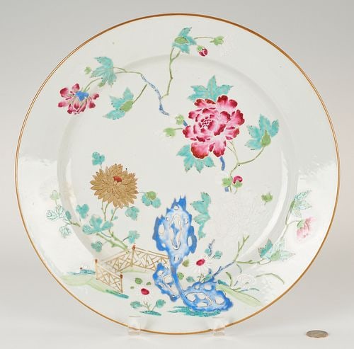 Chinese Famille Rose Charger: Chinese Qing Dynasty Charger, decorated in Famille Rose enamels with peonies and chrysanthemums and growing alongside lingzhi and a gate. Unsigned. Likely Yongzheng Period, early to mid 18th
