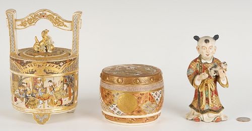 Japanese Satsuma Porcelain Koro, Child Figure and Drum Box: 1st item: Basket form Meiji Satsuma porcelain koro or censer with arched handle, pierced lid with foo dog finial, and three molded feet. The sides are decorated with scenes of figures engaged in