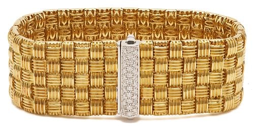 Roberto Coin Gold and Diamond Bracelet 18k: 18K yellow gold mesh bracelet by Roberto Coin featuring thirty one (31) round brilliant cut melee diamonds and one (1) natural marquee cut ruby. The bracelet is marked "Roberto Coin" and XRF