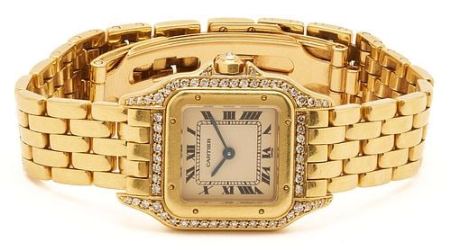 Ladies' Cartier 18K Gold & Diamond Panthere Watch: Ladies' 18K gold and diamond Cartier Panthere 8669 wristwatch, small size (22.9 x 30mm). Serial# 198422, Reference# 8669. White enameled dial with black Roman numeral markers, diamonds along