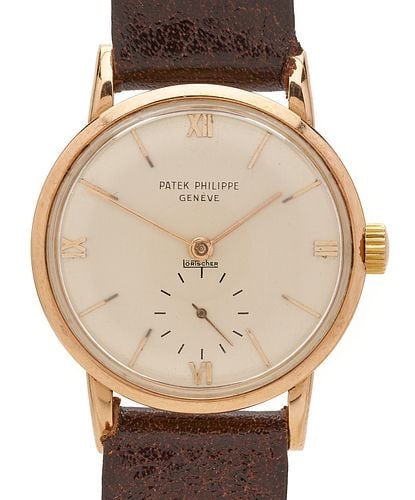 18K Gold Men's Patek Philipe Lortscher Wristwatch: Men’s Vintage 18K rose gold Patek Philippe Lortscher wristwatch, mechanical manual wind movement, Ref #1471, Case Serial #659823, Movement Serial# 954659, 31mm champagne dial with gilt bato