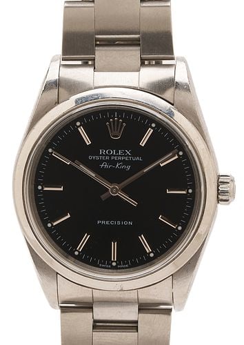 Men's Rolex Air King Stainless Steel Wristwatch: Men's Rolex Air-King stainless steel wristwatch with black dial and stainless steel markers, Ref# 14000M, Serial# P857609, 34.5mm, self-winding, with stainless steel oyster bracelet. Approx.