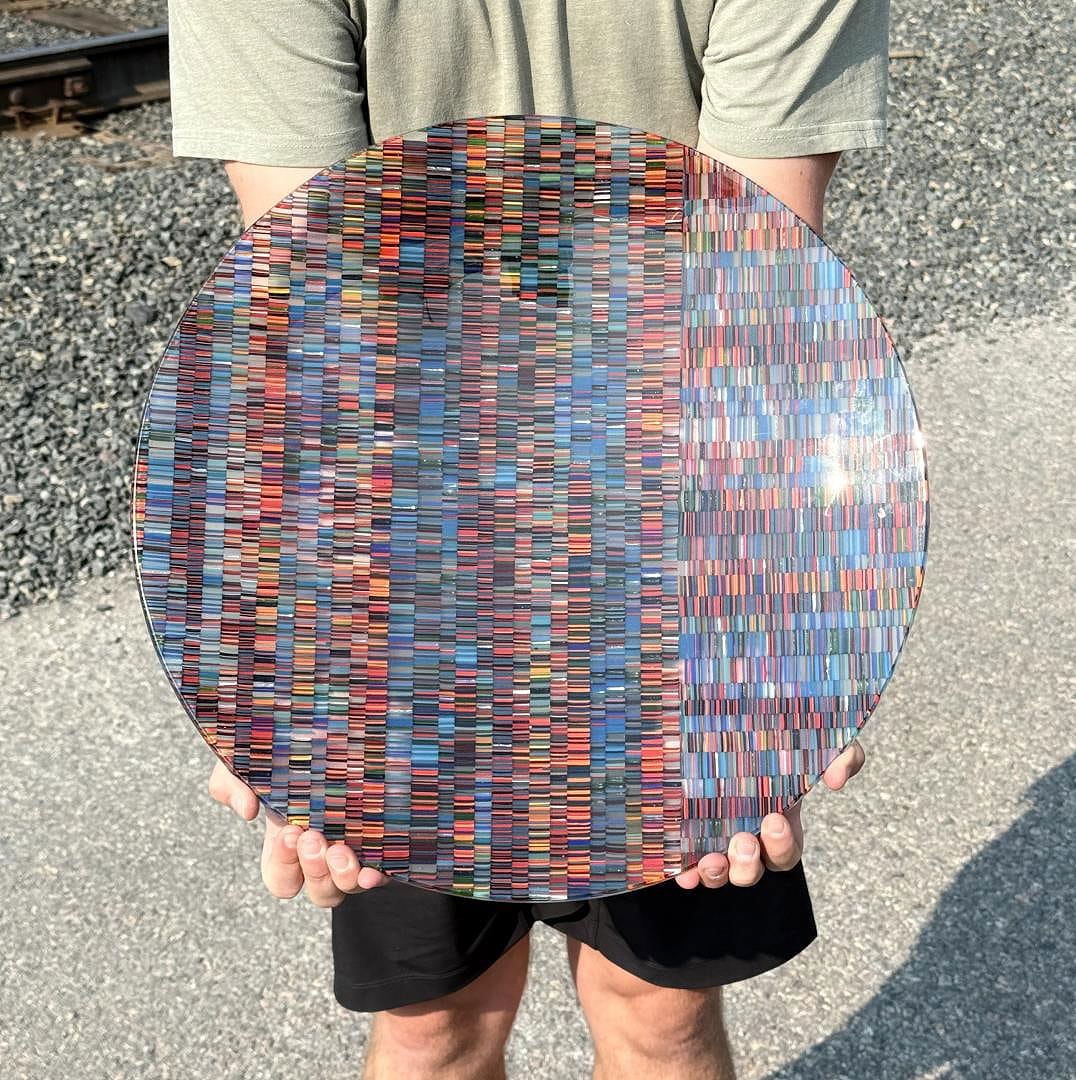 Martin Kremer Fused Glass Water Evidence Bowl: 18 3/4" diameter, 2 1/4" tall. Artist statement I was a stained glass enthusiast while pursuing a career in medical technology and the glass won, first as a spare-time business and then as a full-time