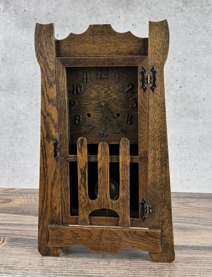 Arts & Crafts Gilbert Anita Mission Oak Clock: Runs but stops, chimes. 20 1/2" by 12 1/2" by 4 1/2"