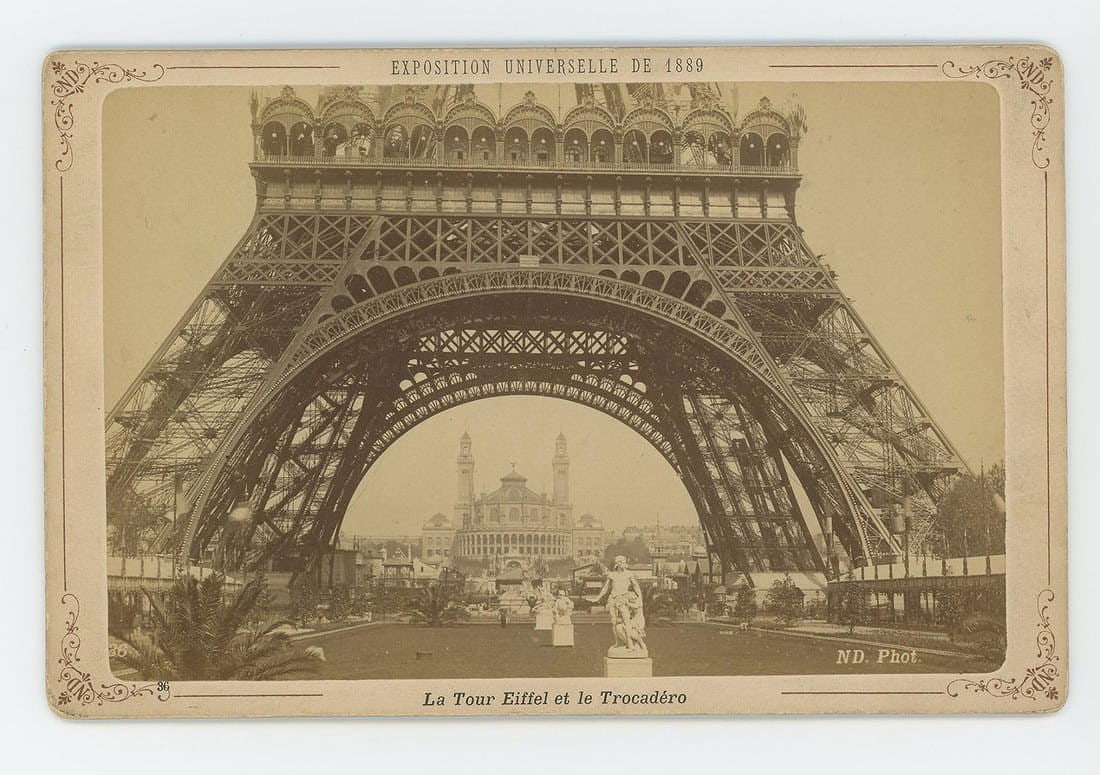 Eiffel Tower Cabinet Card Photo 1889: Taken from the Champ de Mars during the 1889 Exposition Universelle in Paris, France.