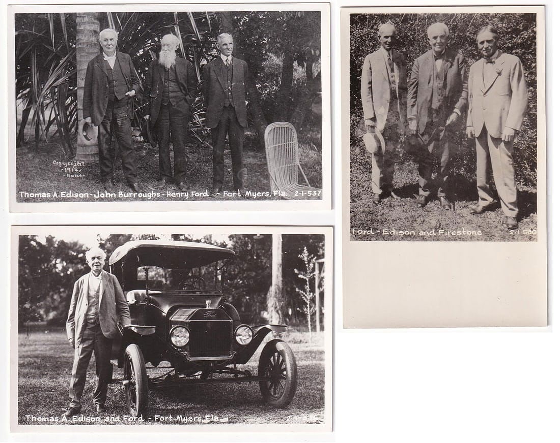 Edison and Ford Innovators RPPC Postcards: The photographs feature innovators Thomas Edison, Henry Ford, John Burroughs, and Harvey Firestone. Photographed in Fort Meyers, Florida.