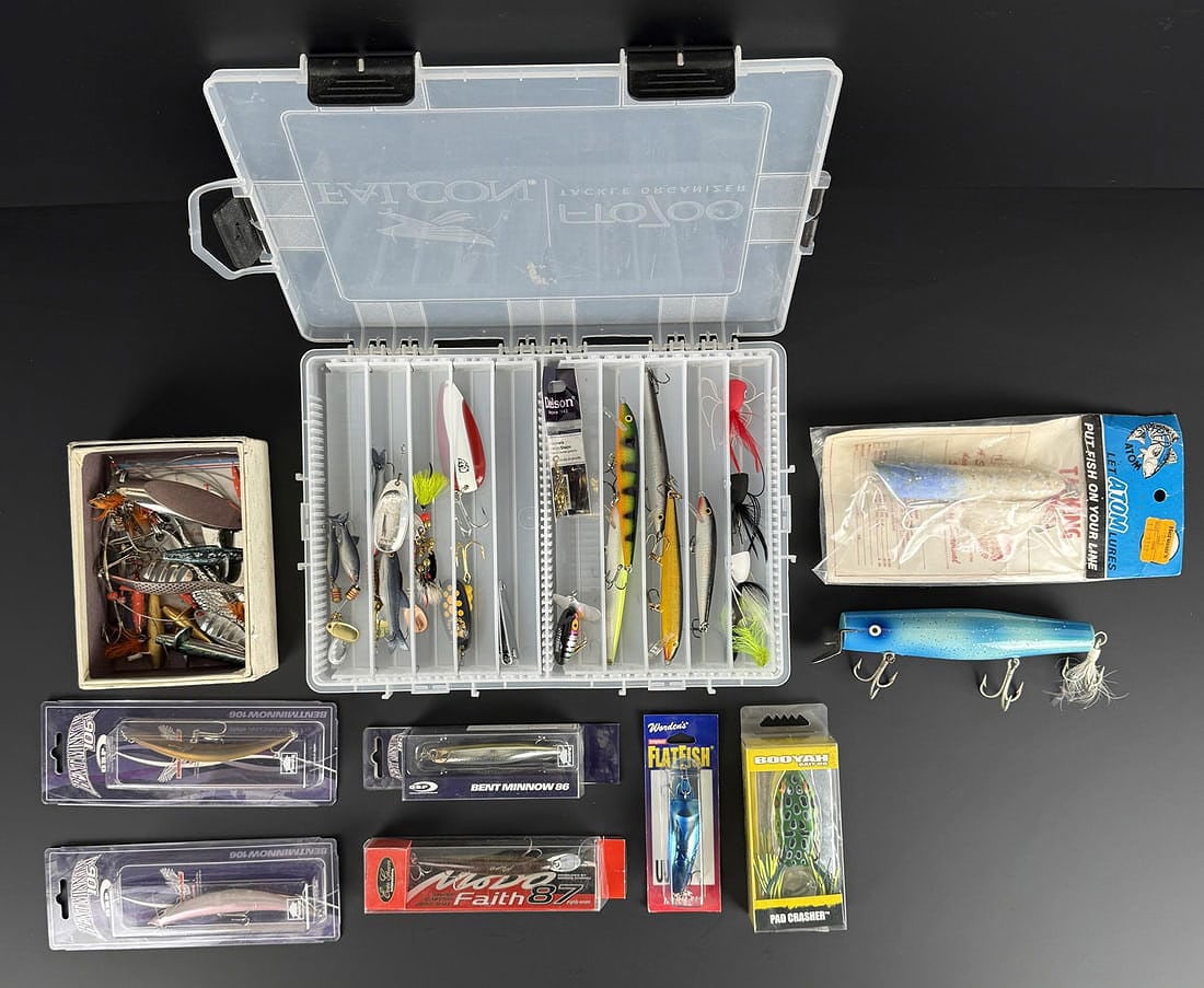 Collection of Fishing Lures Spoons: Case is 2 3/8" by 7 1/8".