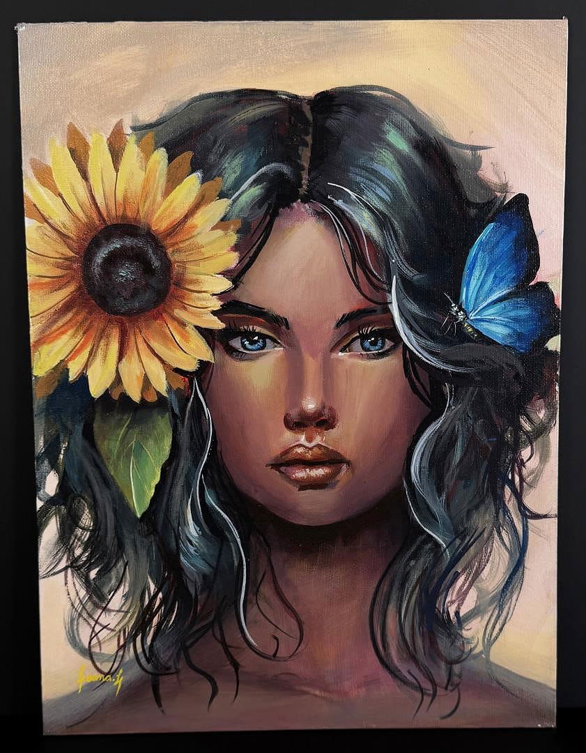 Loana Massiel Lopez Castellon Painting: Title is the Sunflower. 12" by 16" unframed. Oil on Board. Loana Massiel Lopez Castellon Born in Granada in 2002, she found her passion for art from an early age, She starts her self-taught studies in