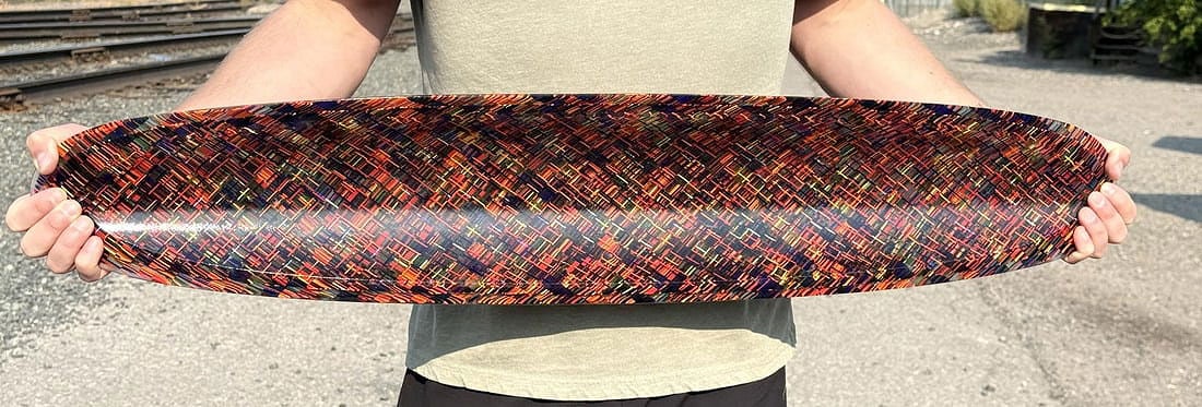 Martin Kremer Fused Glass Plaid Ellipse Bowl: 38 1/2" long, 7 1/4" wide. Artist statement I was a stained glass enthusiast while pursuing a career in medical technology and the glass won, first as a spare-time business and then as a full-time obs