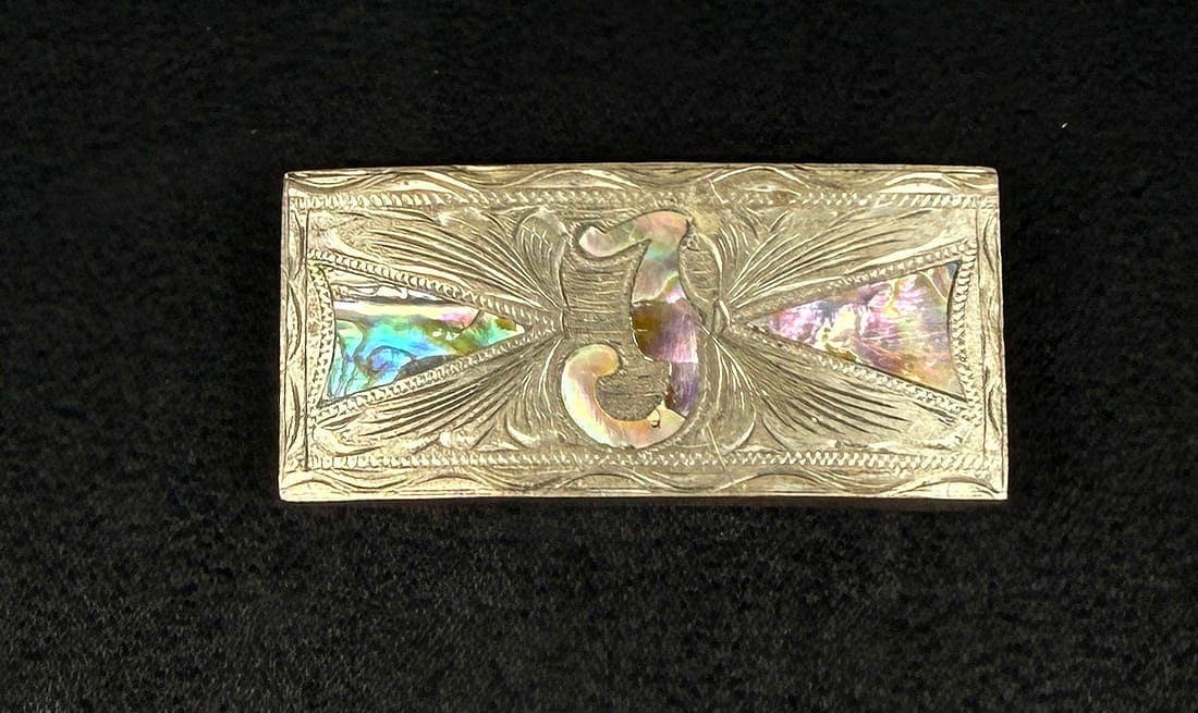 Sterling Silver Abalone Cowboy Belt Buckle: 1" by 2 1/4". 24.44 grams.