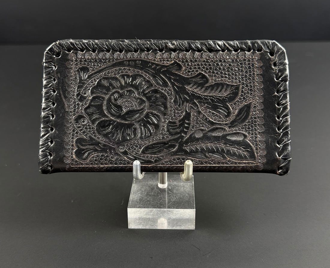 Tooled Leather Cowboy Checkbook Cover Wallet: 3 1/8" by 5 5/8".