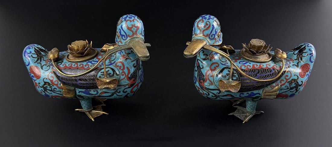 Chinese Cloisonne Enamel Duck Form Censers: 7 1/2" by 5 3/4" by 3 1/2".