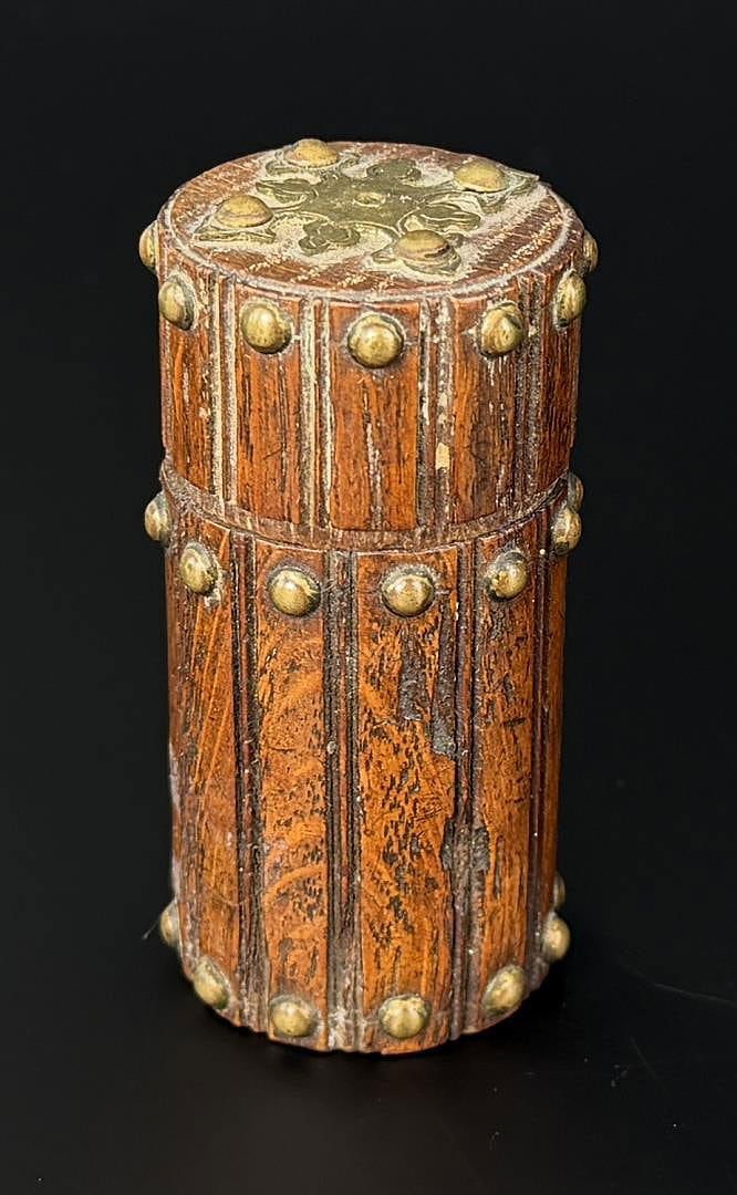 German Oak Studded Match Box: 2 7/8" by 1 1/4" by 1 1/4".