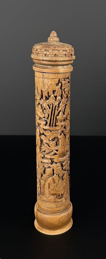 Chinese Bamboo Carved Scroll Holder: 11 1/4" by 2 1/4" by 2 1/4". Imagery depicts mountains, scholars, trees, clouds, and fret borders.
