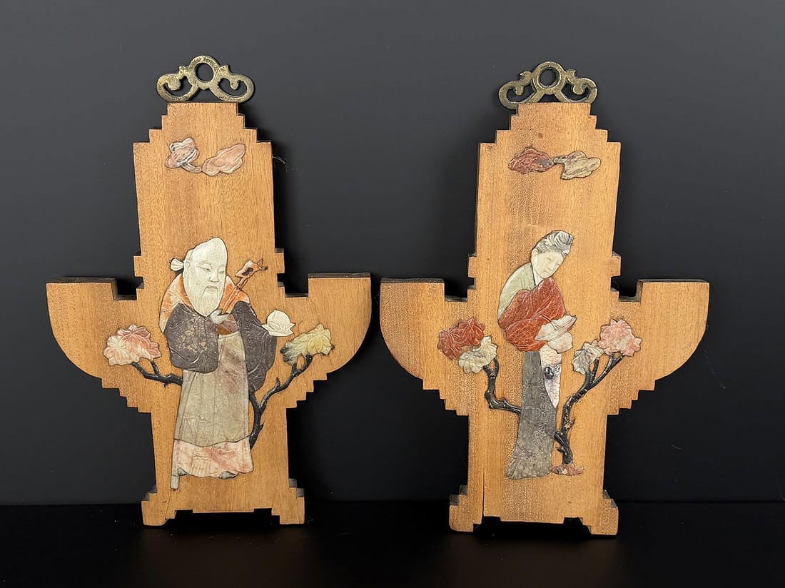 Chinese Wooden Soapstone Wall Plaques: 11" by 7 1/4" by 1/4". Depicting Shou Lao (The God of longevity) and a scholarly maiden.