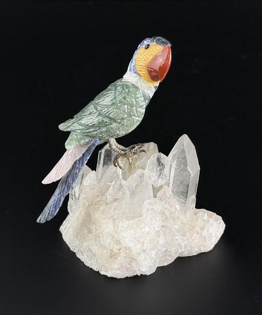 Carved Sodalite and Quartz Parrot Figurine: 4 1/4" by 3 3/8" by 2 3/4". Likely made in Brazil.