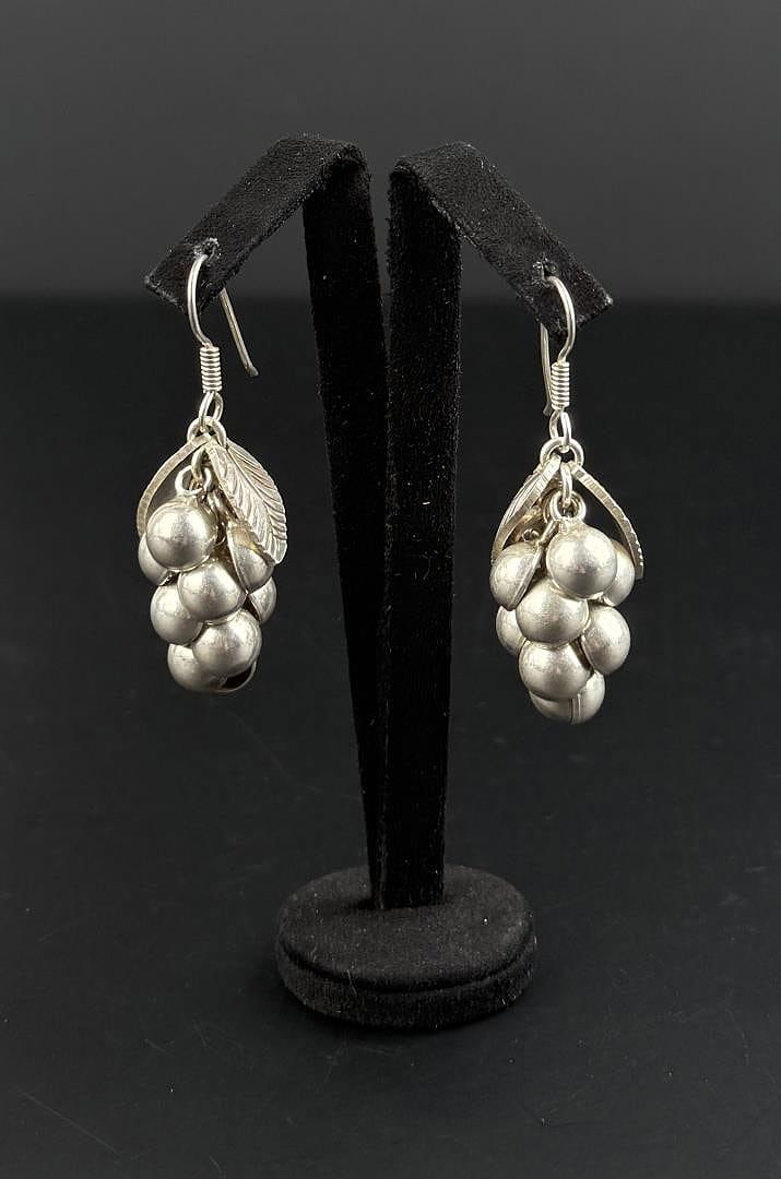 Taxco Mexico Sterling Grape Earrings: 1 3/4" long. 20.34 grams.
