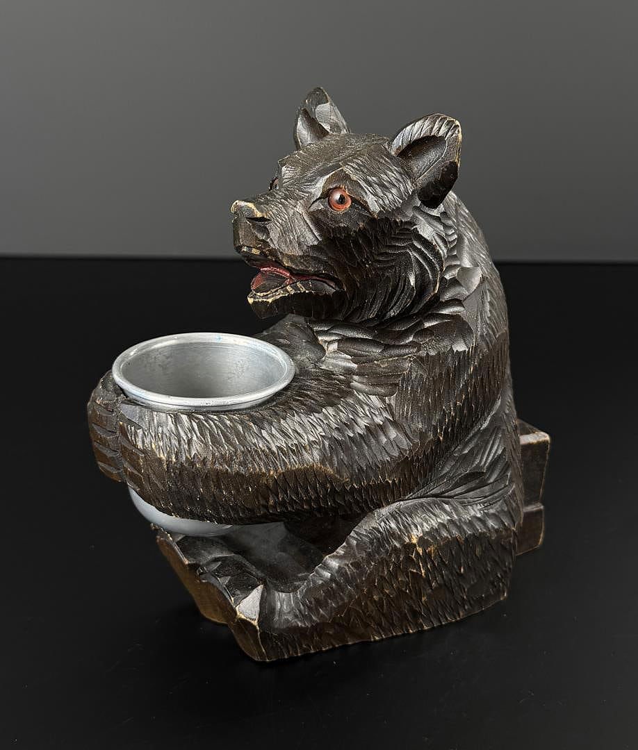 Black Forest Bear Wood Carved Match Holder: 6 1/4" by 6" by 2 7/8".