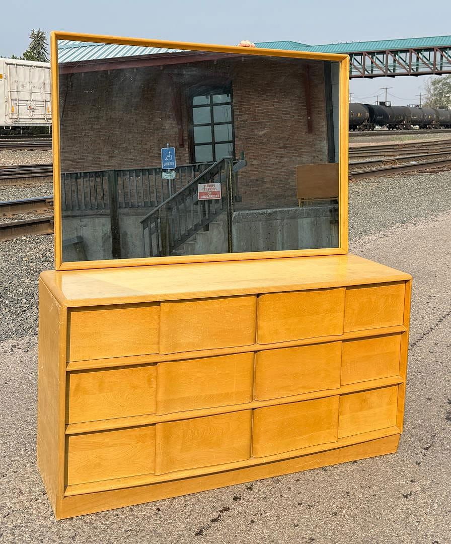 Heywood Wakefield Sculptura Dresser: 56" by 19" by 31" without mirror.