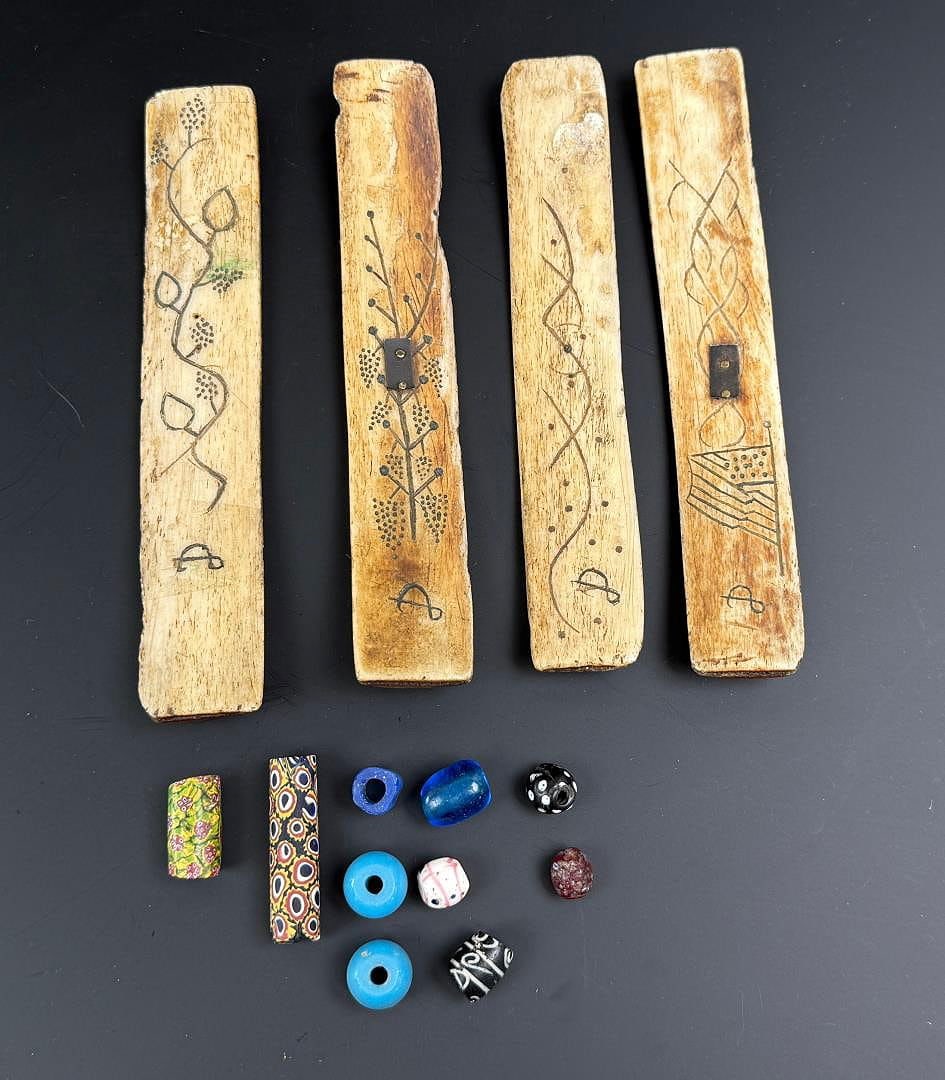 Native American Indian Bone Game Pieces: Unknown age. Includes a grouping of trade beads.