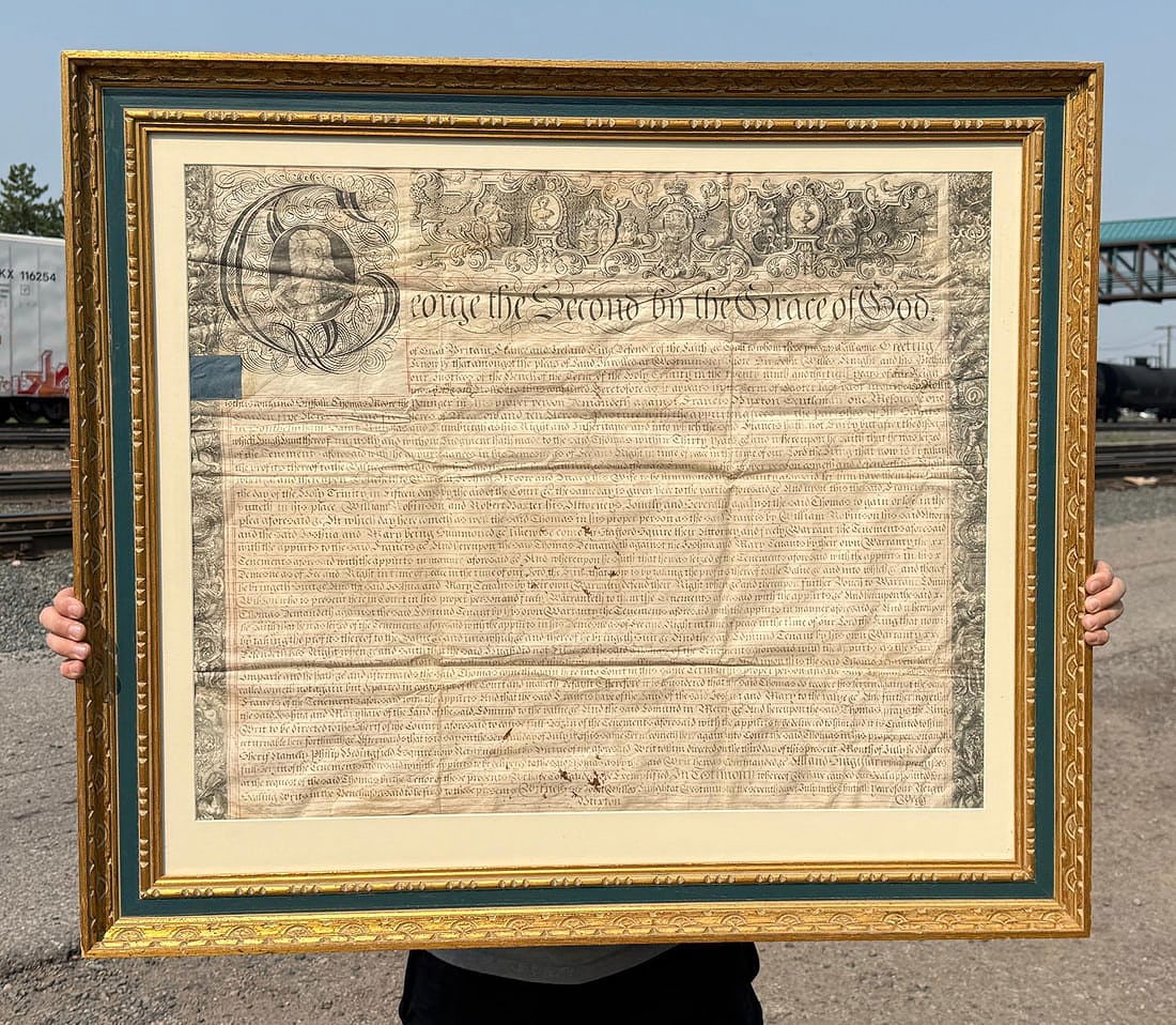 George II Vellum Land Indenture: 34 1/2" by 39 1/2" framed. Will be expensive to ship framed, removal from frame is suggested.