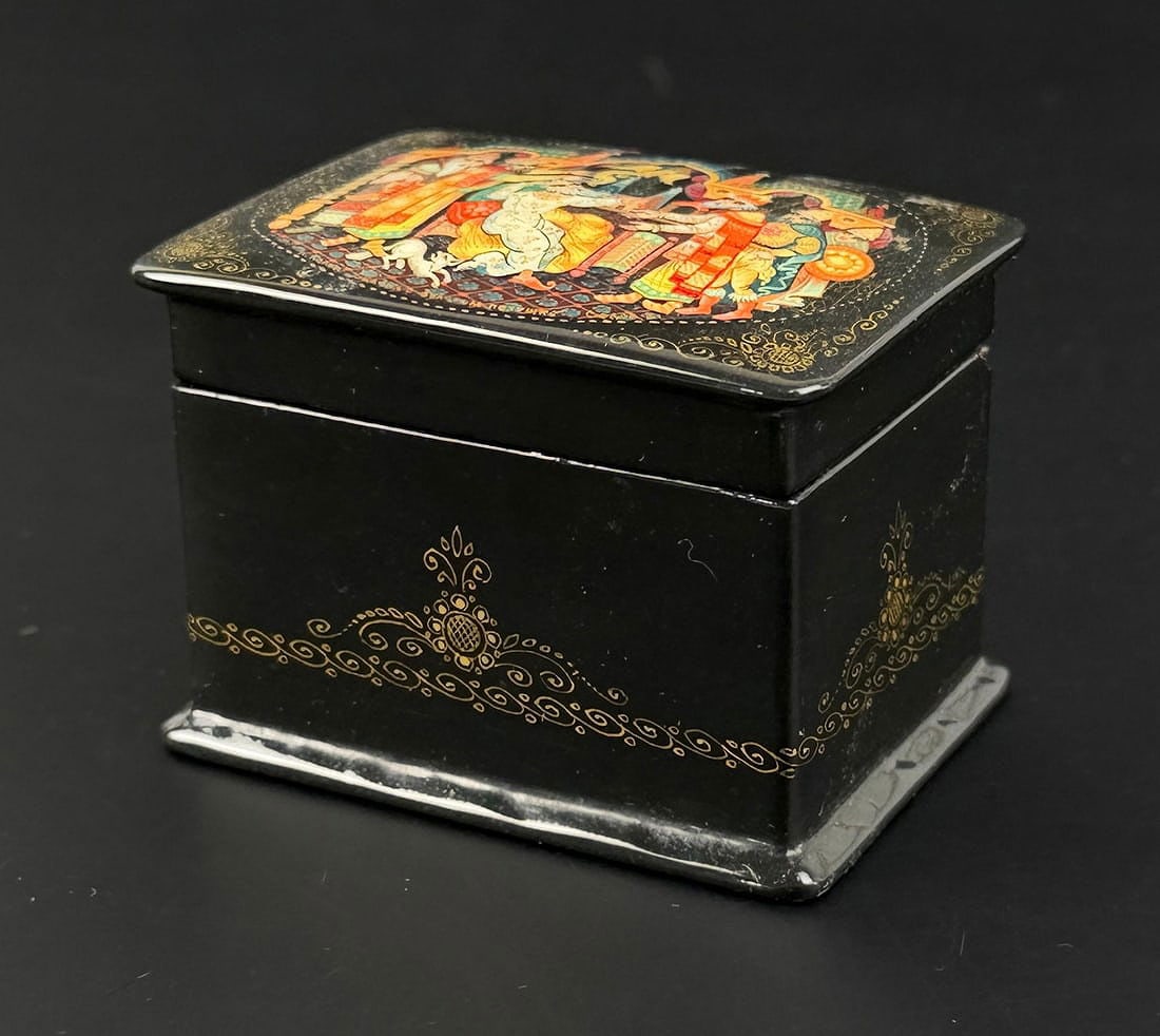 Palekh Golden Cockerel Russian Lacquer Box: 2 3/4" by 2" by 2"