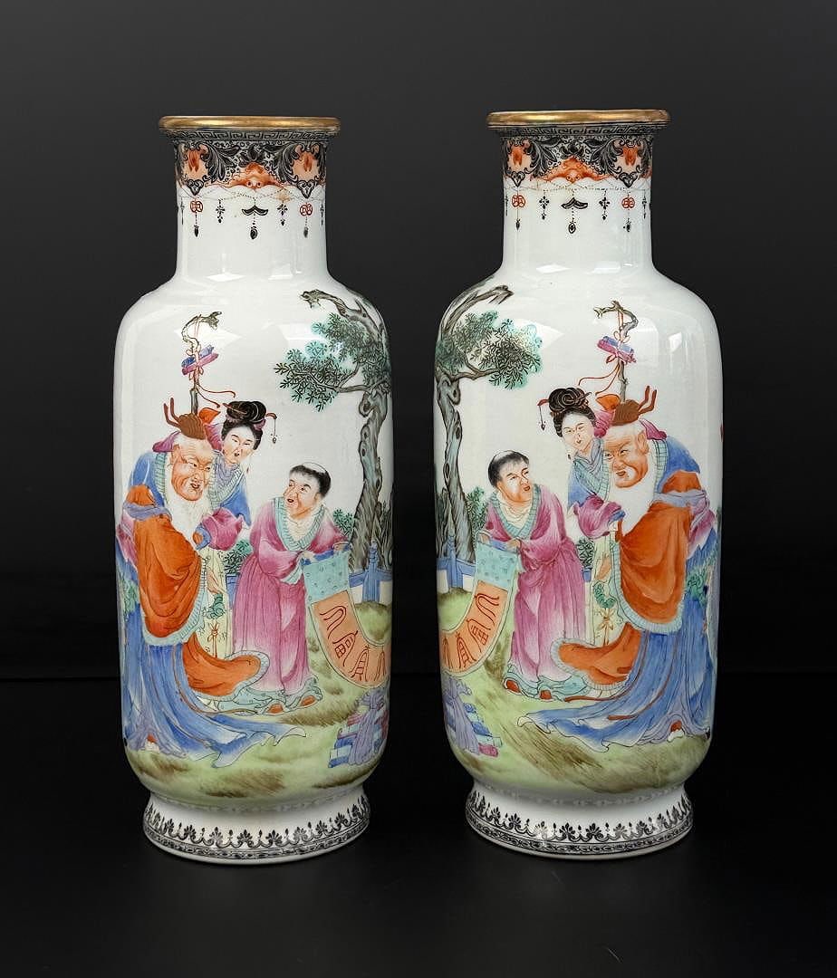 Chinese Famille Rose Porcelain Vases: Sadly they have been drilled. 12 5/8" tall, 5" diameter.