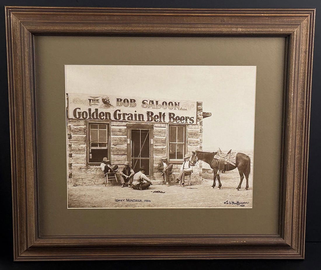 L.A. Huffman 1906 Bob Saloon Islay Montana Photo: Photo of The Bob Saloon in Islay, Montana taken by L.A. Huffman in 1906. Coffrin Reprint. 18 1/2" by 21 3/8" framed.