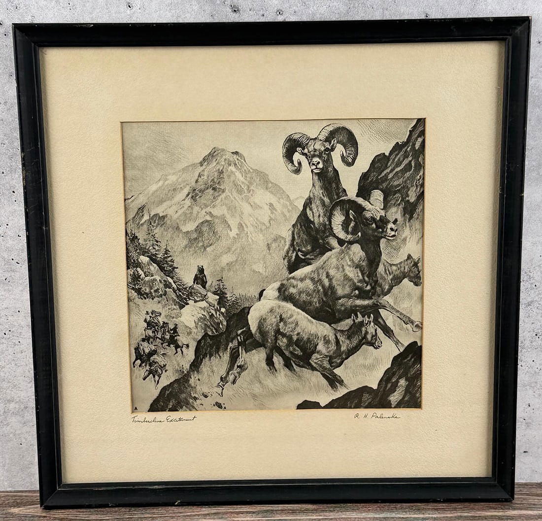 Reinhold H. Palenske Timberline Excitement Print: Title is Timberline Excitement. 7 1/2" by 71/2" unframed and 13 1/2" by 13 1/2" framed. Reinhold H. or R. H. Palenske was born in Chicago, Illinois. He was graphic artist and painter. His work is in t