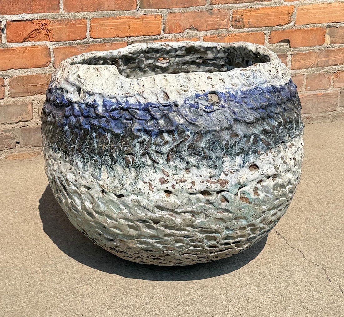 Rudy Autio Montana Hanging Pottery Jardinere: 21 1/8" by 20 5/8" by 17 5/8". Weighs in at 61lbs. Cracked on the side as shown. Provenance: The Estate of Walter Hook, as Gifted to Hook while Autio and he were in the Art Residence in Missoula. Hook
