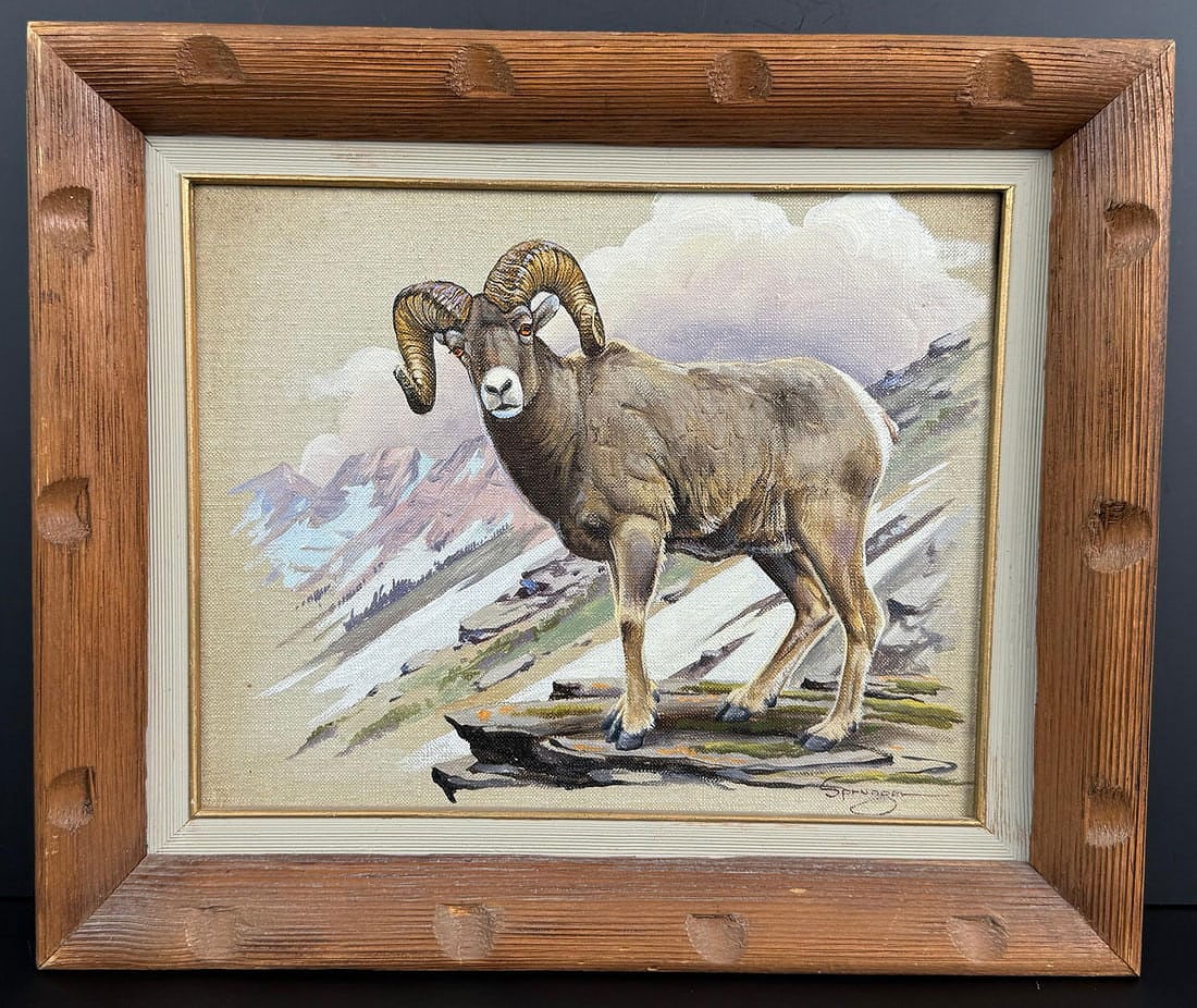 Elmer Sprunger Big Horn Sheep Painting: Title is Bighorn Sheep. 8" by 10" unframed. 11" by 13" framed. Oil on Canvas. Elmer Sprunger (1919 - 2007) was active/lived in Montana. Elmer Sprunger is known for Wildlife, landscape, commercial art.