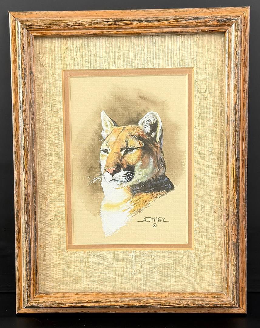 A J Jeanie McCoy Mountain Lion Painting: Title is Mountain Lion. 5" by 7" unframed. 9 1/2" by 12" framed. Gouache on Board. A. J. (Jeanie) McCoy (20th century) was active/lived in Alberta / Canada. A McCoy is known for Wildlife painting.