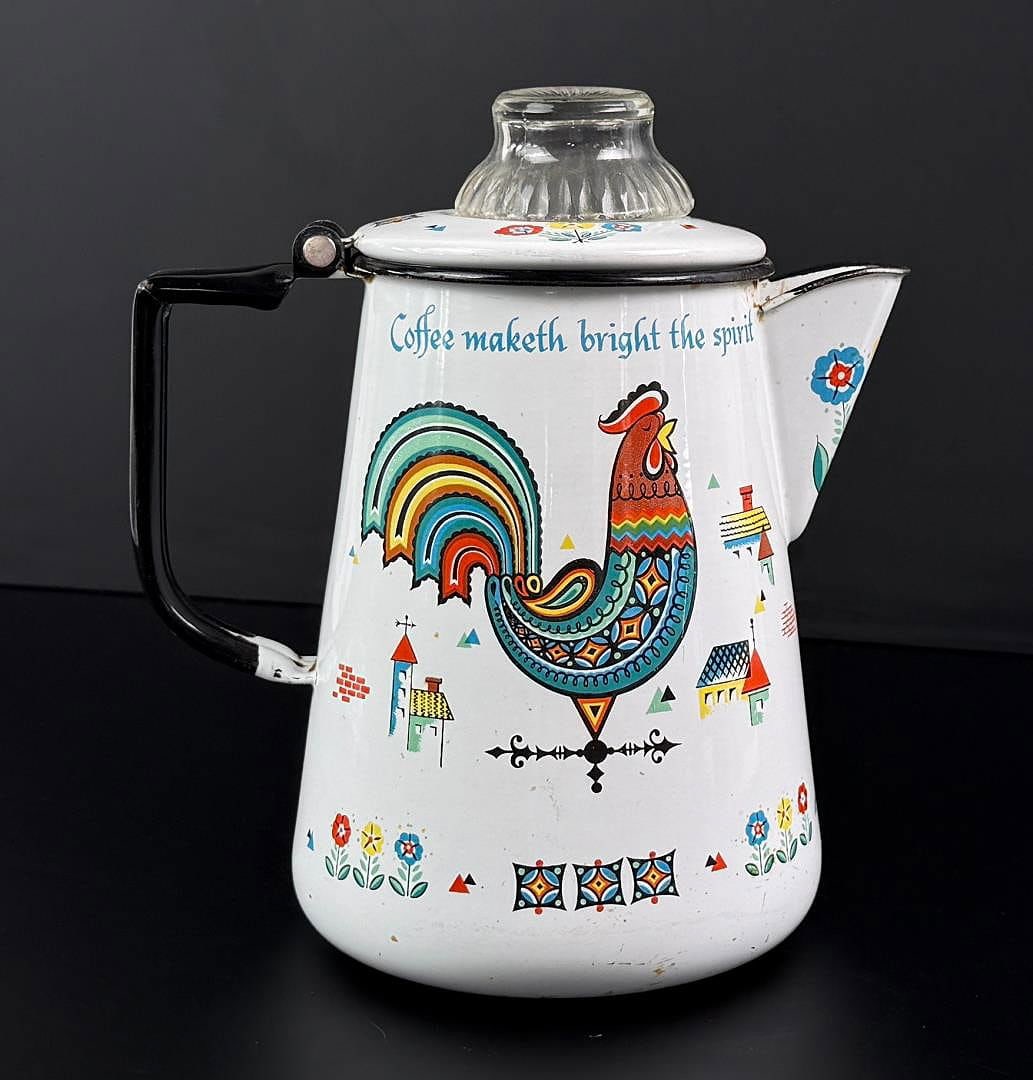 Berggren Enamel Rooster Coffee Pot: Wear as shown.