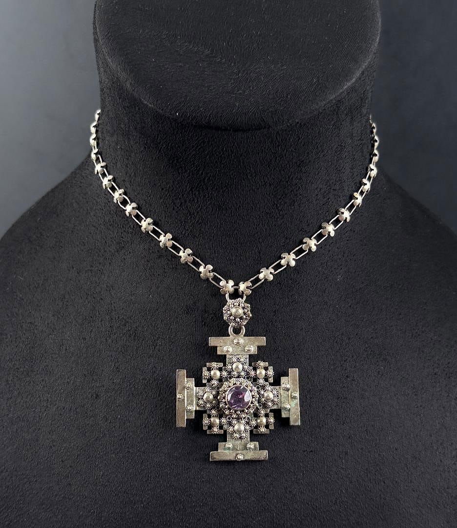 Jerusalem Amethyst Sterling Silver Cross: 24.83 grams. 9 1/2" long as displayed.