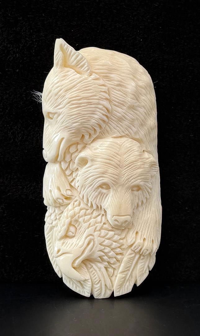 Carved Bone Wolf Bear Eagle Medallion: 2 7/8" by 1 3/8" by 3/8"