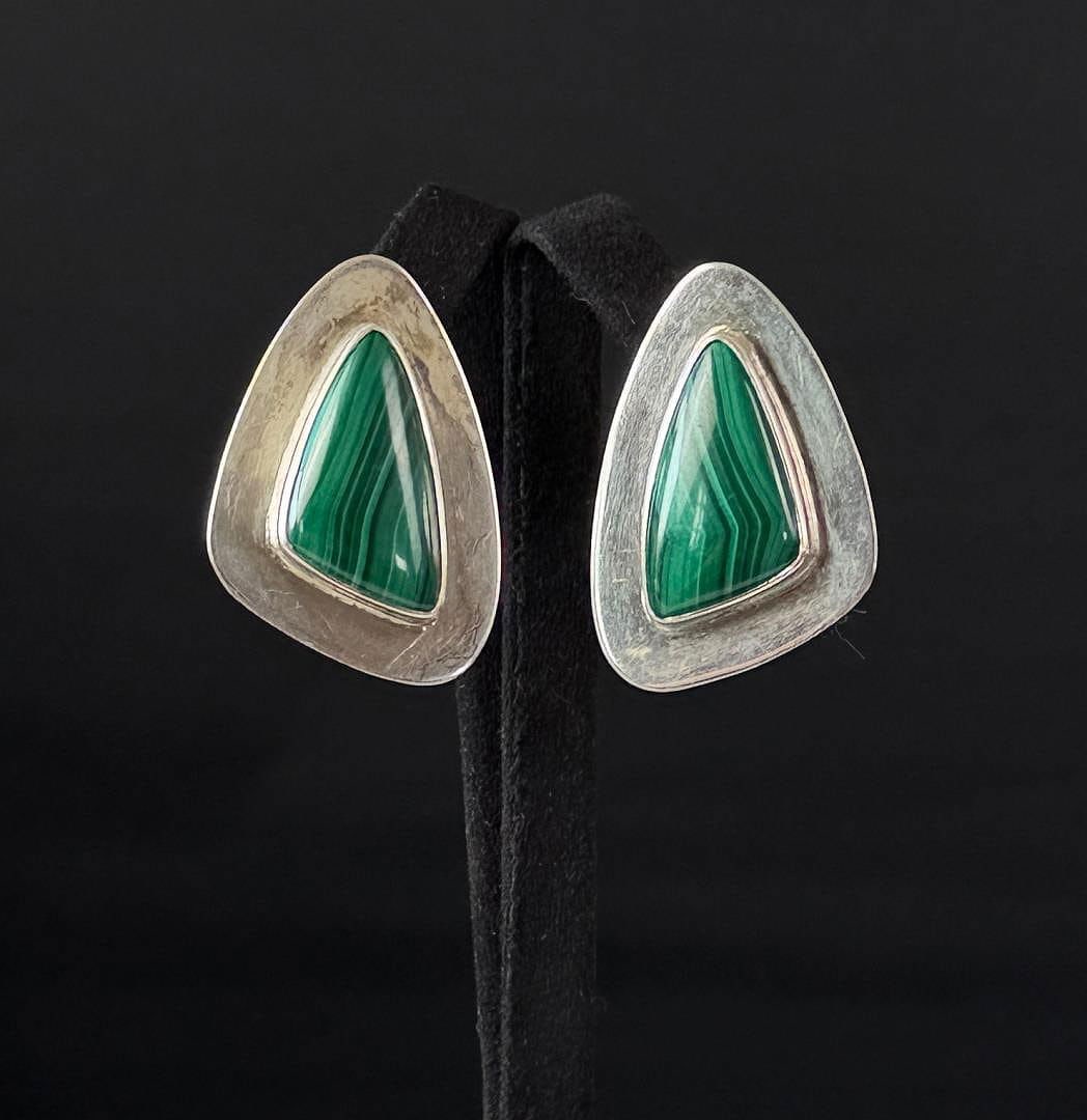 Sterling Silver Malachite Earrings: 8.61 grams. 1 1/8" long.