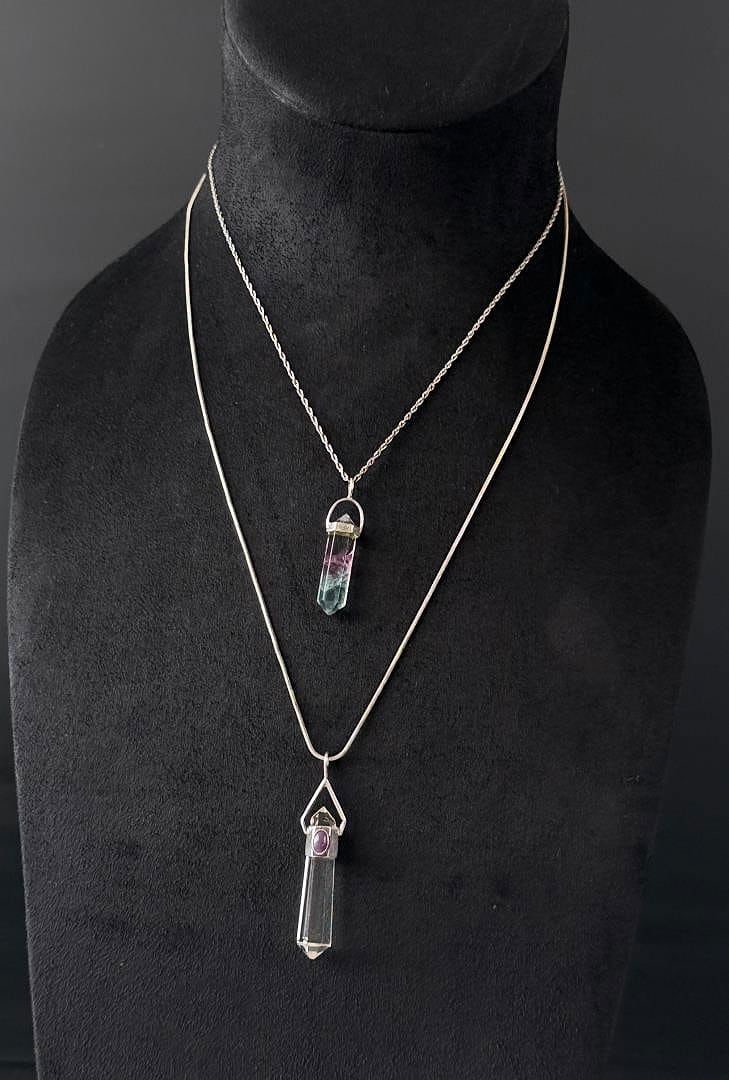 Sterling Silver Crystal Necklaces: Quartz and Fluorite. Weighs 15.96 grams. Longest necklace measures 14" long