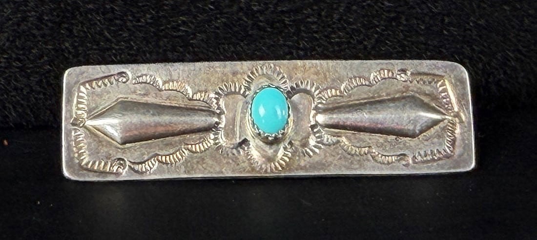 Navajo Sterling Silver Turquoise Bar Brooch: Fred Harvey Era. 1 3/4" by 1/2". 4.41 grams.