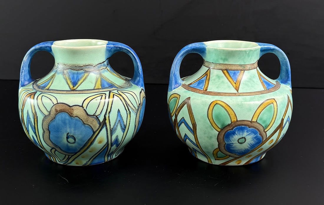 Wadeheath Flaxman Ware Pottery Vases: 5 1/4" diameter, 4 3/4" tall.