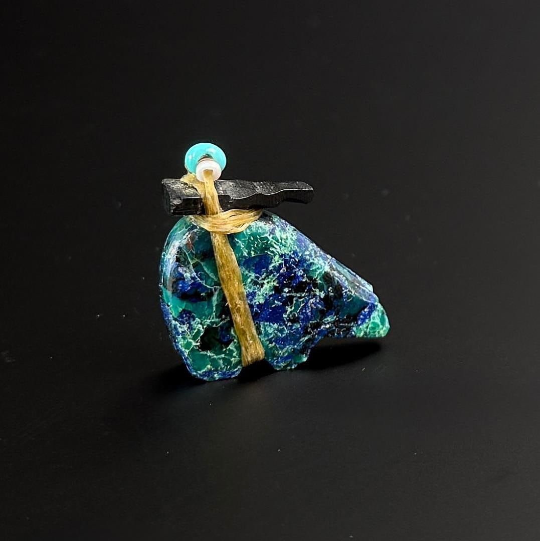 Zuni Carved Azurite and Malachite Bear Fetish: 1" by 1" by 1/4"